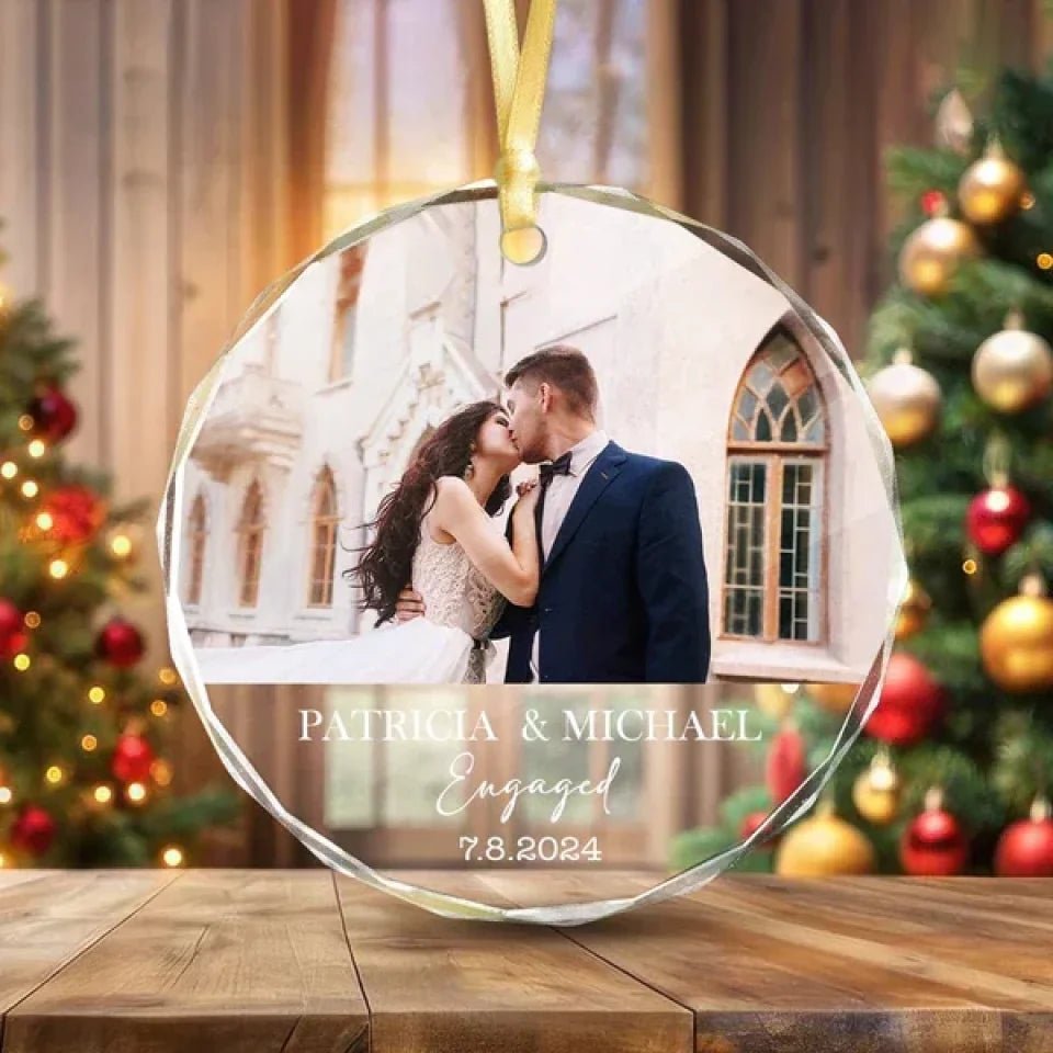 Custom Couple Photo Engaged Wedding Invitation Christmas Glass Circle Ornament 691987 - DiyGiftly