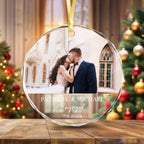 Custom Couple Photo Engaged Wedding Invitation Christmas Glass Circle Ornament 691987 - DiyGiftly