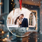 Custom Couple Photo Engaged Wedding Invitation Christmas Glass Circle Ornament 691987 - DiyGiftly