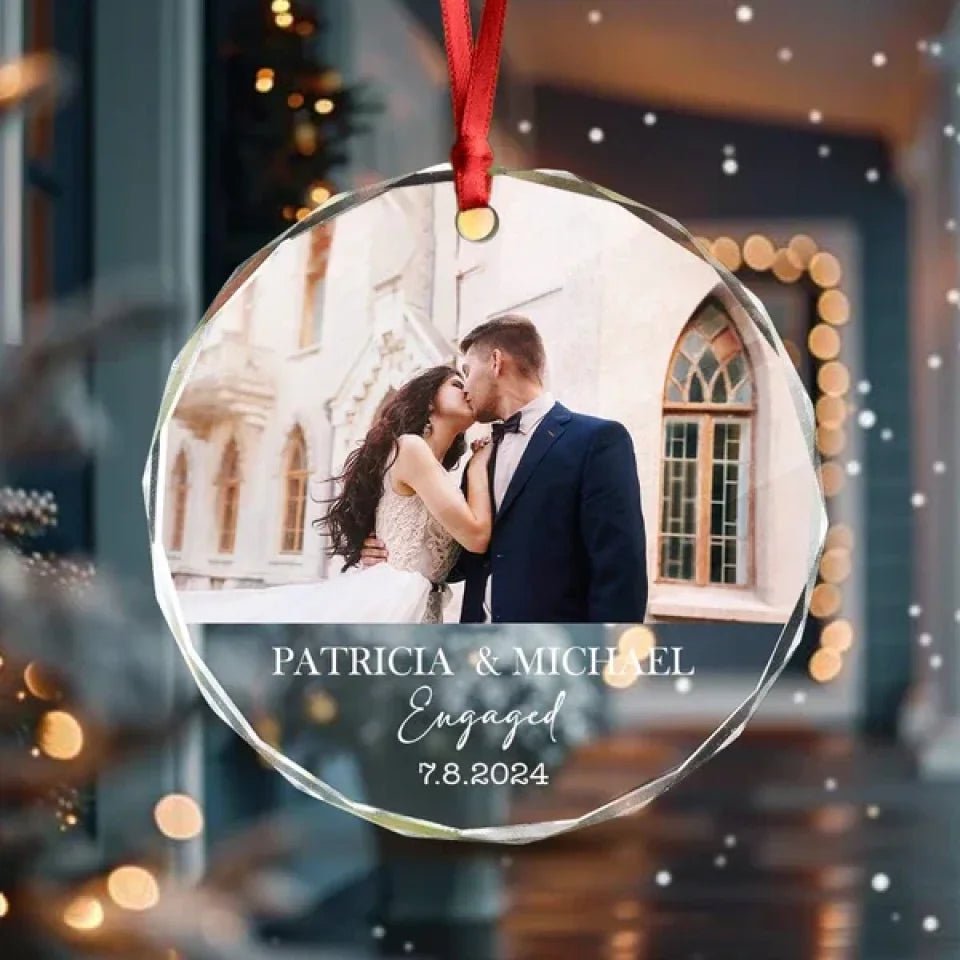 Custom Couple Photo Engaged Wedding Invitation Christmas Glass Circle Ornament 691987 - DiyGiftly