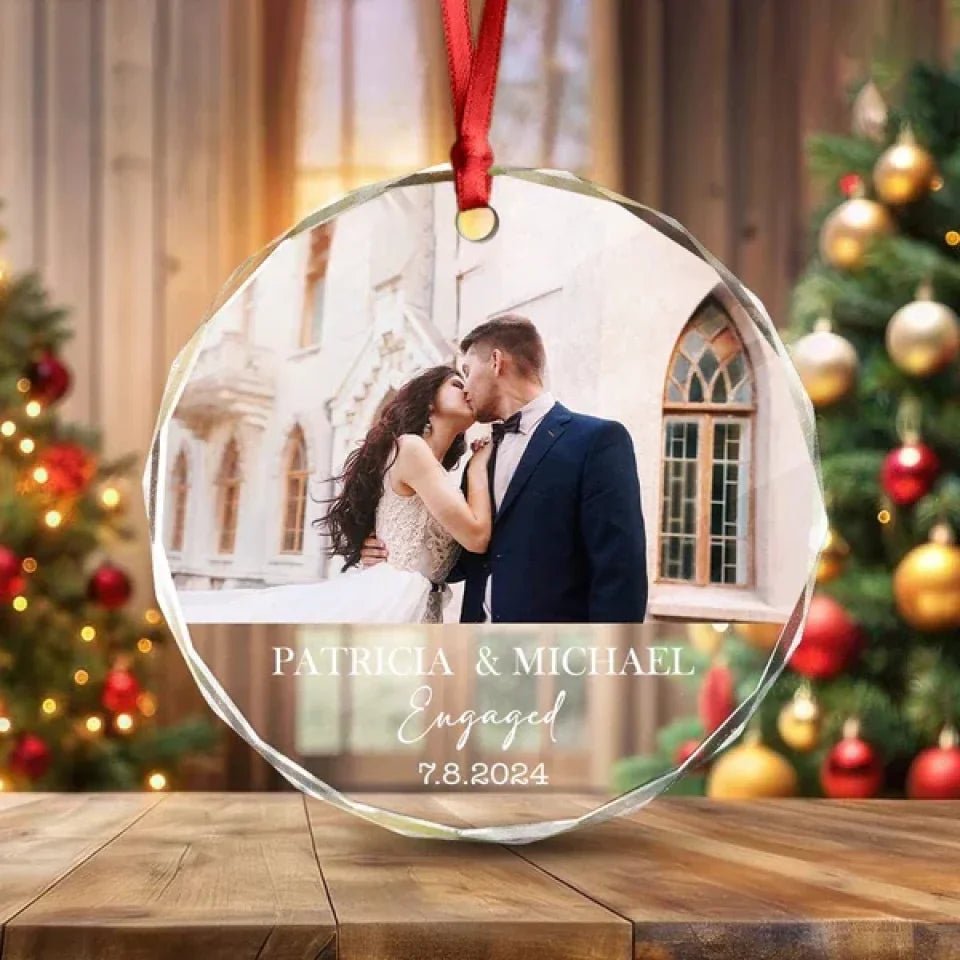 Custom Couple Photo Engaged Wedding Invitation Christmas Glass Circle Ornament 691987 - DiyGiftly