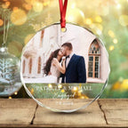 Custom Couple Photo Engaged Wedding Invitation Christmas Glass Circle Ornament 691987 - DiyGiftly