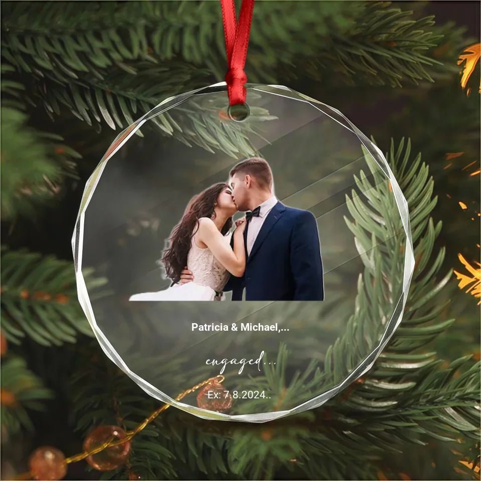 Custom Couple Photo Engaged Wedding Invitation Christmas Glass Circle Ornament 691987 - DiyGiftly
