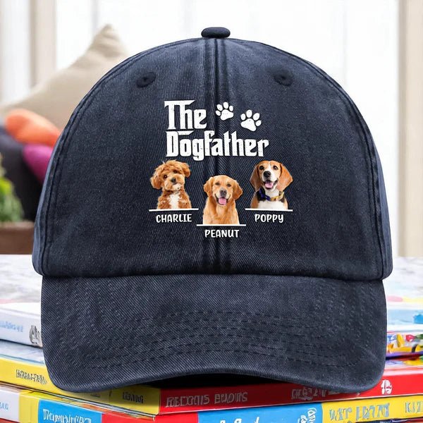 Custom Dog Photo “The Dog Father” Washed Denim Baseball Cap – Personalized Dog Dad Hat, Unique Father’s Day Gift for Dog Lovers, Vintage Adjustable Pet Dad Cap 06945536 - DiyGiftly