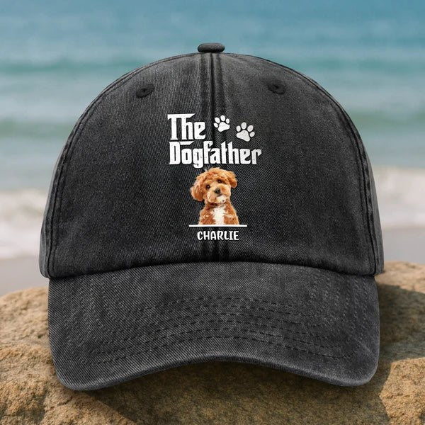 Custom Dog Photo “The Dog Father” Washed Denim Baseball Cap – Personalized Dog Dad Hat, Unique Father’s Day Gift for Dog Lovers, Vintage Adjustable Pet Dad Cap 06945536 - DiyGiftly