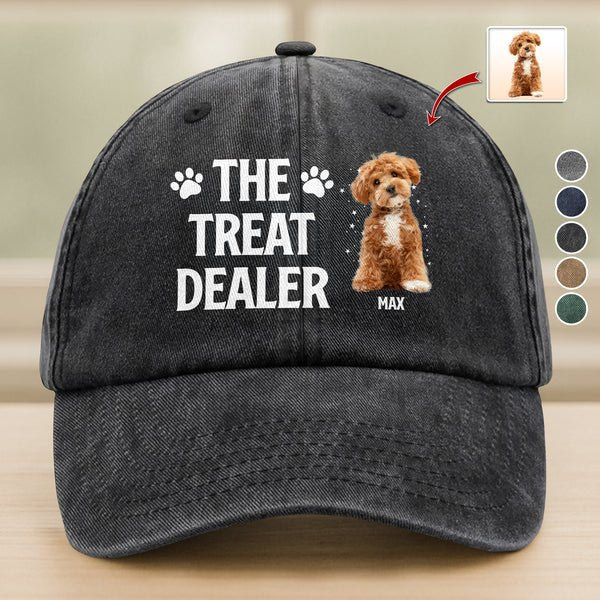 Custom Dog Photo “The Treat Dealer” Baseball Cap – Personalized Washed Denim Hat, Funny Pet Dad Gift 56835584 - DiyGiftly