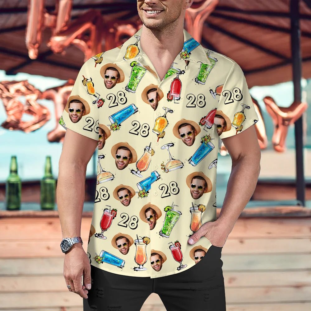 Custom Drink Theme Hawaiian Shirt with Face and Age Print – Personalized Summer Beach Vacation Shirt for Men, Birthday Gift, Father’s Day Gift, Christmas Holiday Gift for Him 68758016 - DiyGiftly