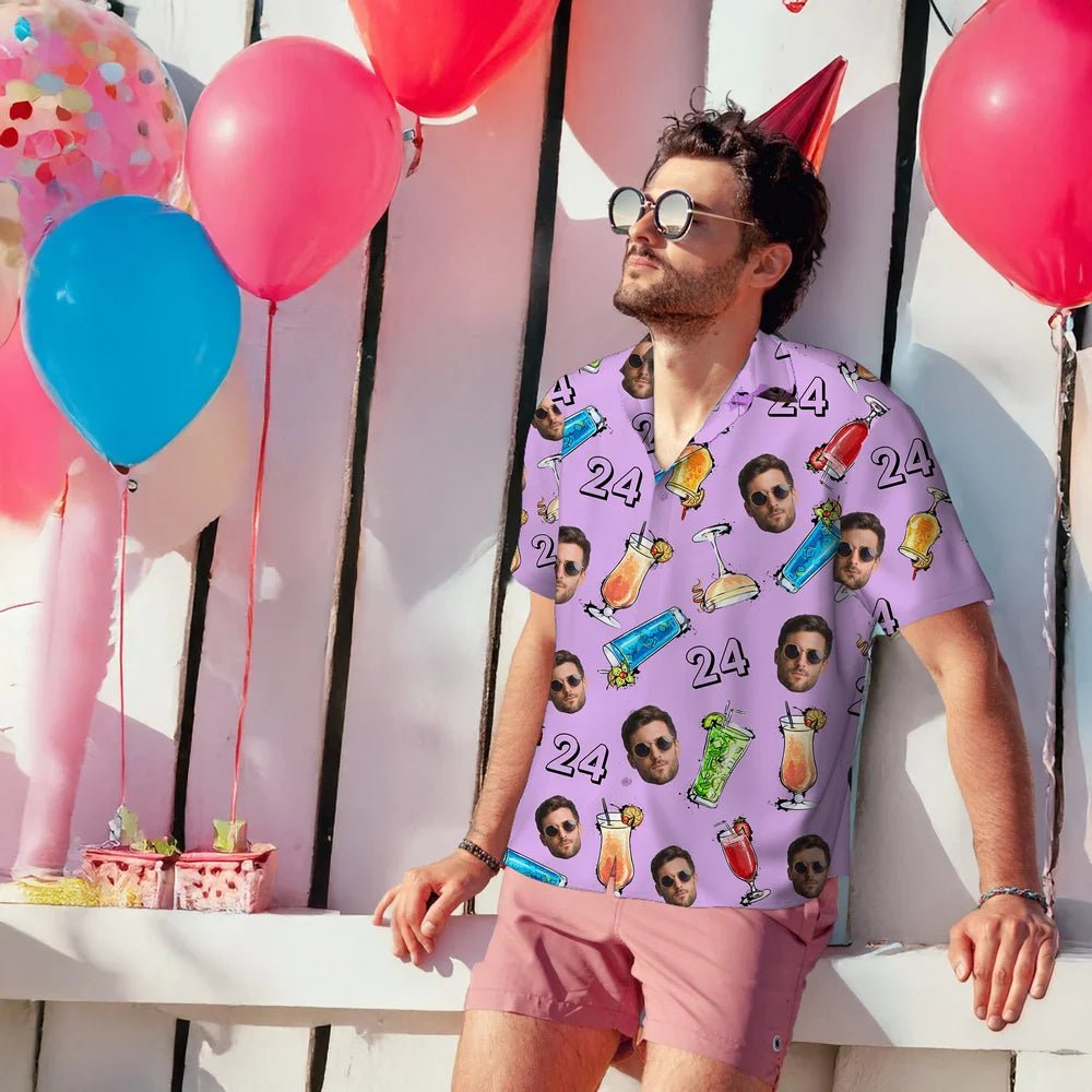 Custom Drink Theme Hawaiian Shirt with Face and Age Print – Personalized Summer Beach Vacation Shirt for Men, Birthday Gift, Father’s Day Gift, Christmas Holiday Gift for Him 68758016 - DiyGiftly