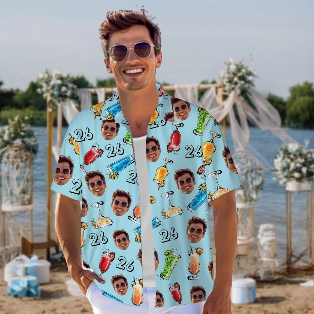 Custom Drink Theme Hawaiian Shirt with Face and Age Print – Personalized Summer Beach Vacation Shirt for Men, Birthday Gift, Father’s Day Gift, Christmas Holiday Gift for Him 68758016 - DiyGiftly