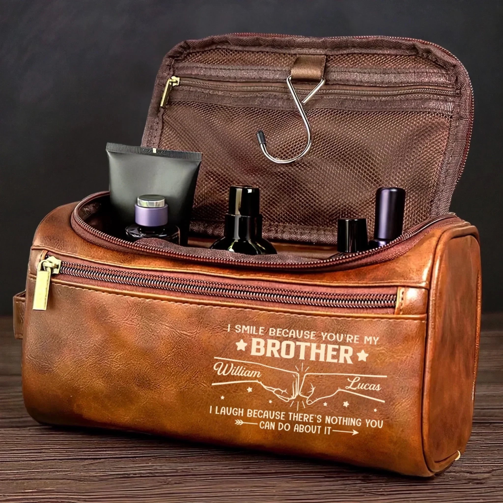 Custom Engraved Leather Toiletry Bag – “Always Got Your Back” Engraved Travel Toiletry Bag – Best Birthday Gift for Brother, Christmas Gift, Graduation Gift, Travel Bag for Men 1069226 - DiyGiftly