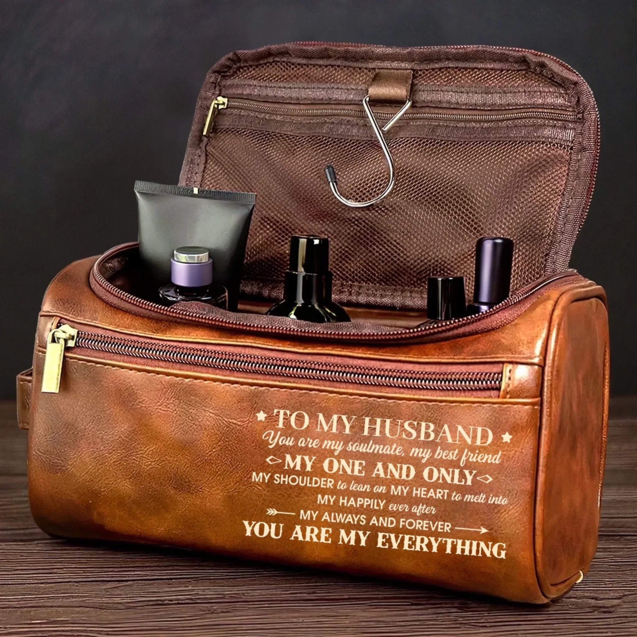 Custom Engraved Leather Toiletry Bag – With You Life Feels Right – Unique Birthday Gift for Husband, Boyfriend, Father, Anniversary or Holiday Gift 1069191 - DiyGiftly