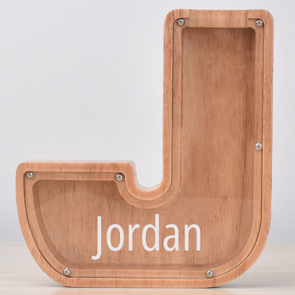 Custom Engraved Name Oak Wooden Letter Piggy Bank - DiyGiftly