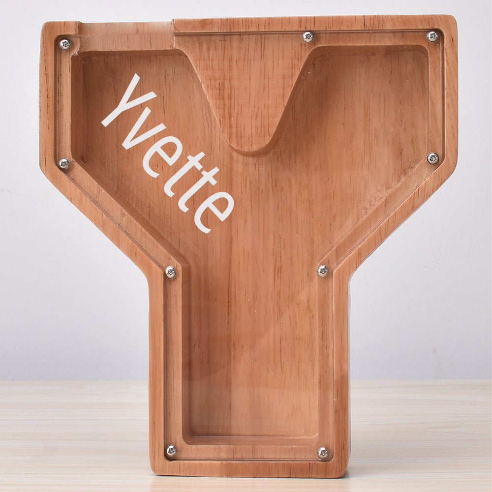 Custom Engraved Name Oak Wooden Letter Piggy Bank - DiyGiftly