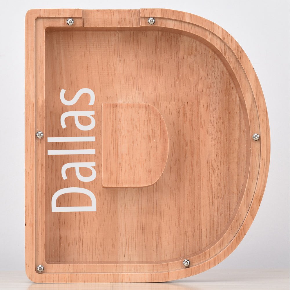 Custom Engraved Name Oak Wooden Letter Piggy Bank - DiyGiftly