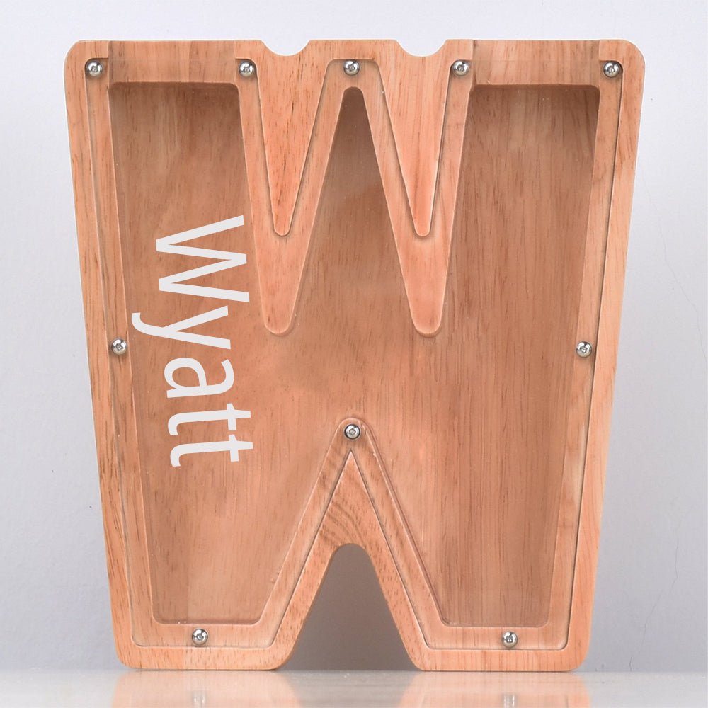 Custom Engraved Name Oak Wooden Letter Piggy Bank - DiyGiftly