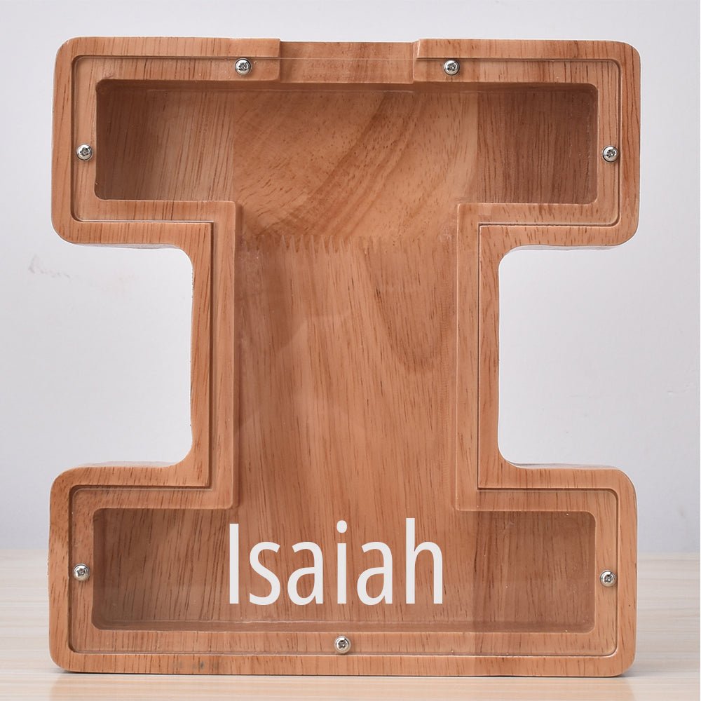 Custom Engraved Name Oak Wooden Letter Piggy Bank - DiyGiftly