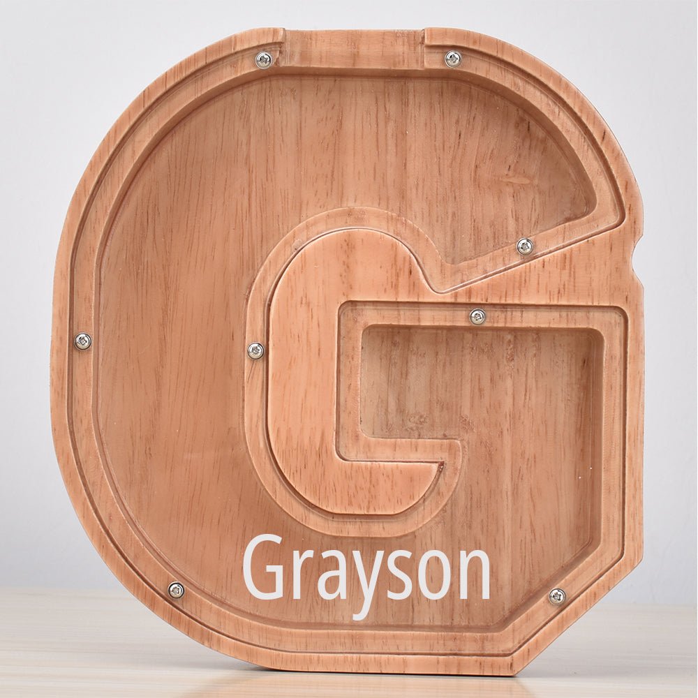 Custom Engraved Name Oak Wooden Letter Piggy Bank - DiyGiftly