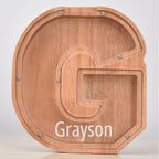 Custom Engraved Name Oak Wooden Letter Piggy Bank - DiyGiftly