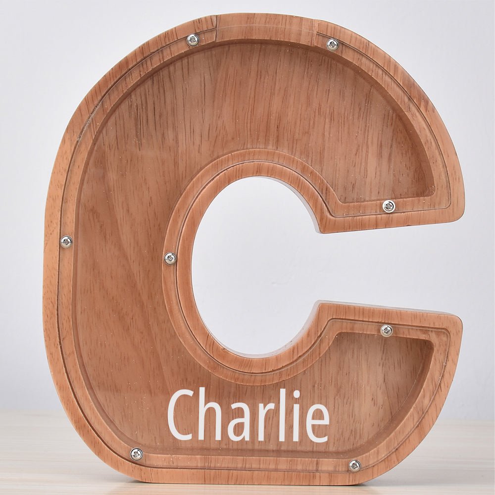 Custom Engraved Name Oak Wooden Letter Piggy Bank - DiyGiftly