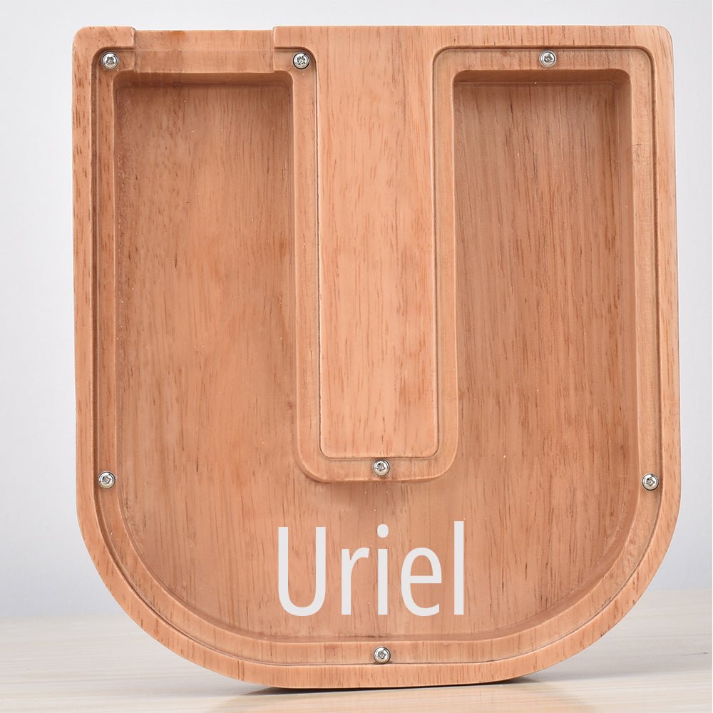 Custom Engraved Name Oak Wooden Letter Piggy Bank - DiyGiftly
