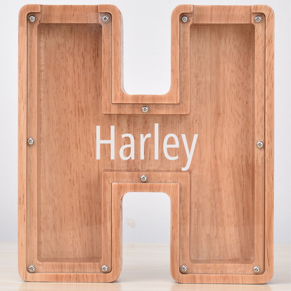Custom Engraved Name Oak Wooden Letter Piggy Bank - DiyGiftly
