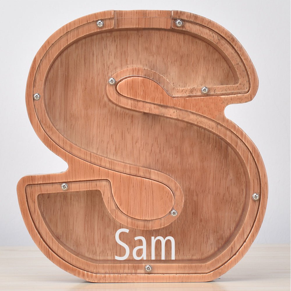 Custom Engraved Name Oak Wooden Letter Piggy Bank - DiyGiftly