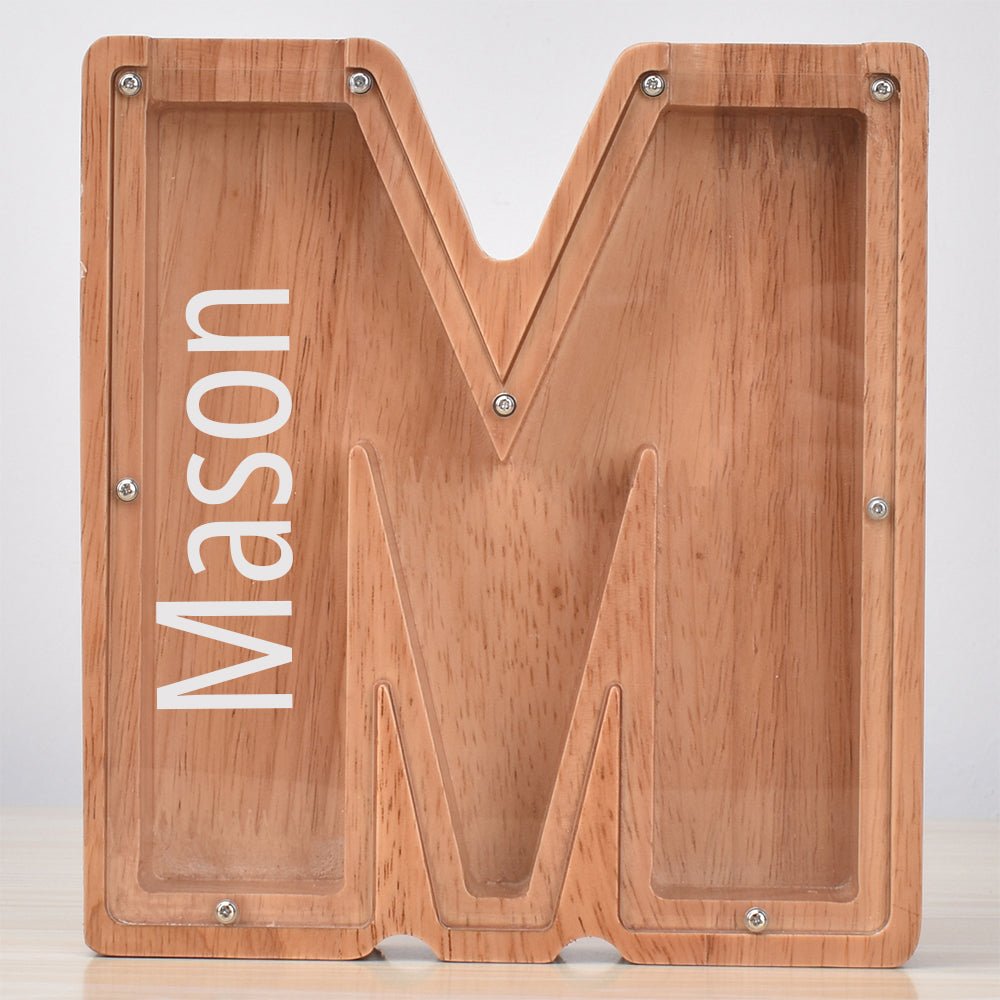 Custom Engraved Name Oak Wooden Letter Piggy Bank - DiyGiftly