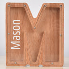 Custom Engraved Name Oak Wooden Letter Piggy Bank - DiyGiftly