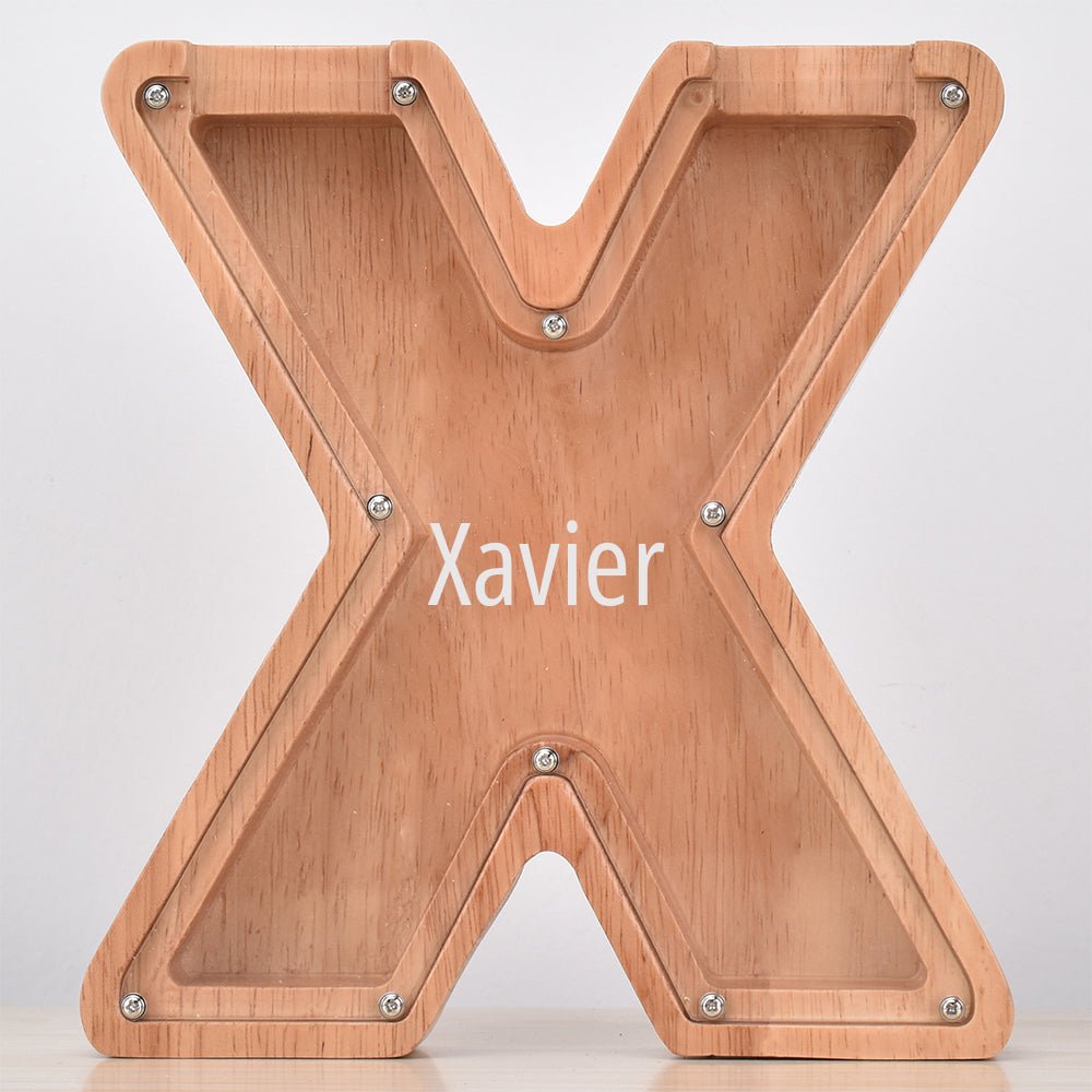 Custom Engraved Name Oak Wooden Letter Piggy Bank - DiyGiftly