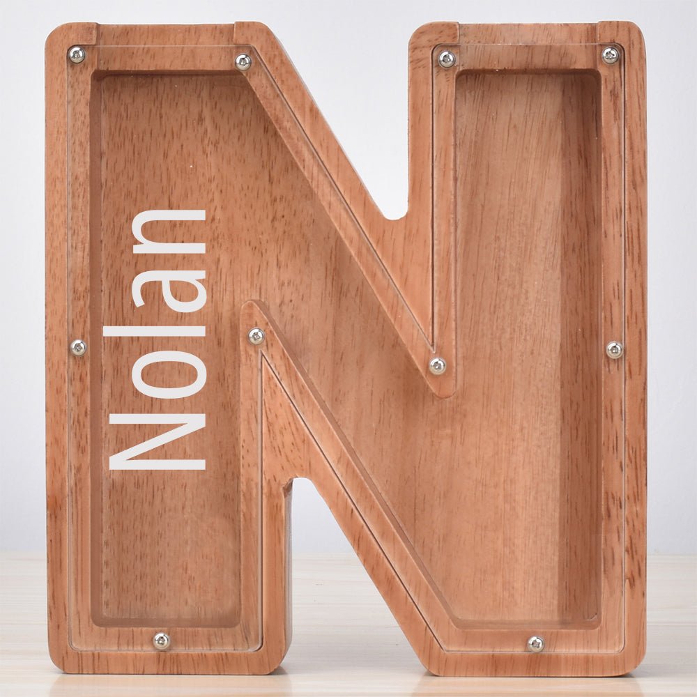 Custom Engraved Name Oak Wooden Letter Piggy Bank - DiyGiftly