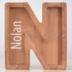 Custom Engraved Name Oak Wooden Letter Piggy Bank - DiyGiftly