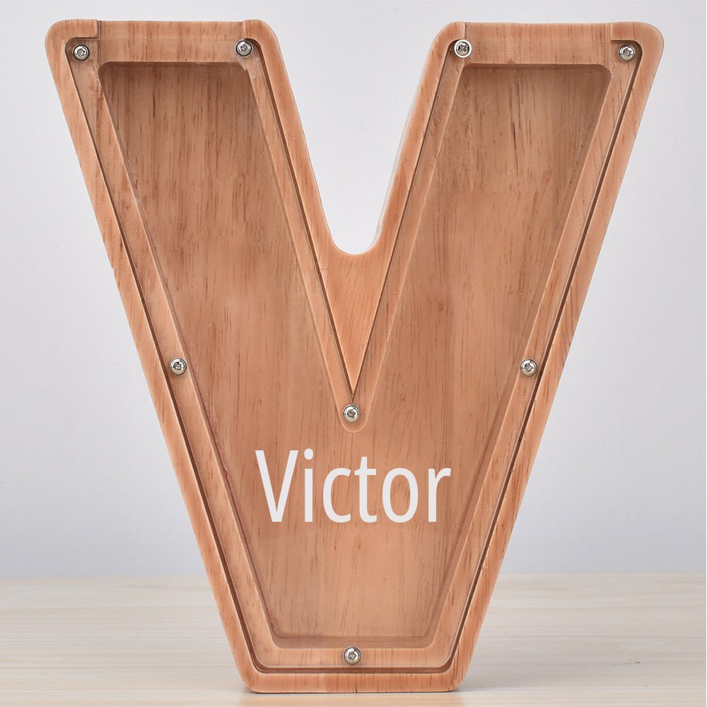 Custom Engraved Name Oak Wooden Letter Piggy Bank - DiyGiftly