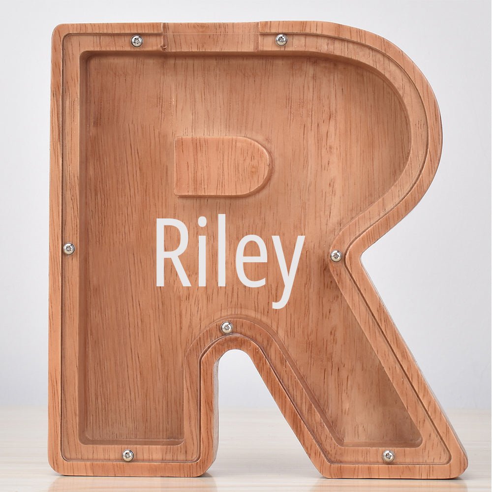 Custom Engraved Name Oak Wooden Letter Piggy Bank - DiyGiftly