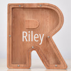 Custom Engraved Name Oak Wooden Letter Piggy Bank - DiyGiftly