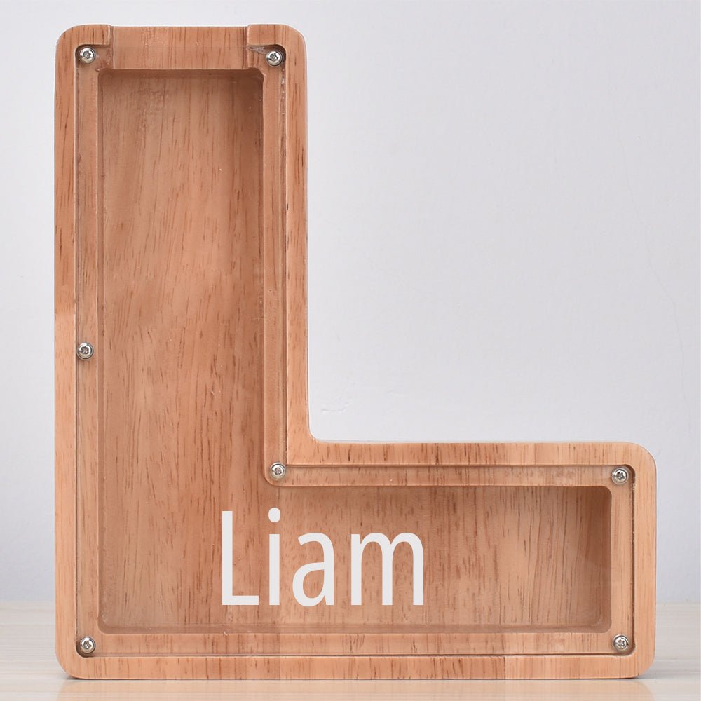 Custom Engraved Name Oak Wooden Letter Piggy Bank - DiyGiftly
