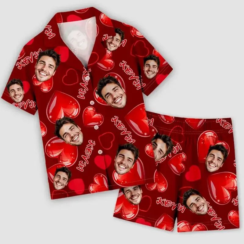 Custom Face Short Sleeve Pajama with Red Hearts Prints Valentine's Day Gift for Her - DiyGiftly