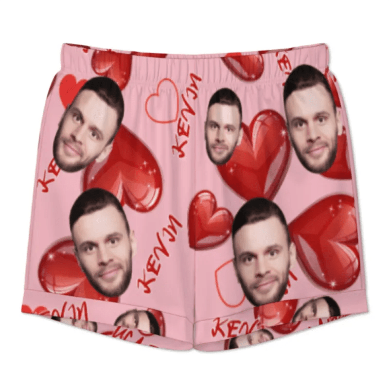 Custom Face Short Sleeve Pajama with Red Hearts Prints Valentine's Day Gift for Her - DiyGiftly
