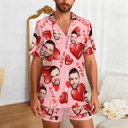 Custom Face Short Sleeve Pajama with Red Hearts Prints Valentine's Day Gift for Her - DiyGiftly