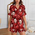 Custom Face Short Sleeve Pajama with Red Hearts Prints Valentine's Day Gift for Her - DiyGiftly
