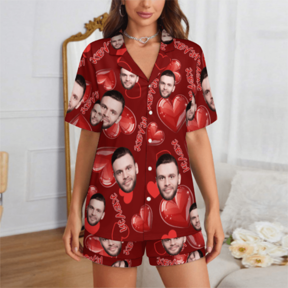Custom Face Short Sleeve Pajama with Red Hearts Prints Valentine's Day Gift for Her - DiyGiftly
