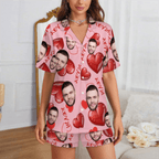 Custom Face Short Sleeve Pajama with Red Hearts Prints Valentine's Day Gift for Her - DiyGiftly