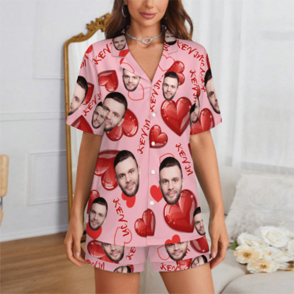 Custom Face Short Sleeve Pajama with Red Hearts Prints Valentine's Day Gift for Her - DiyGiftly