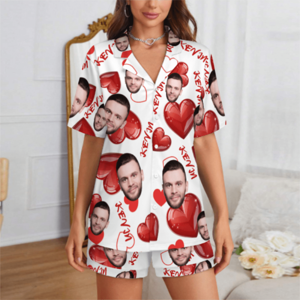 Custom Face Short Sleeve Pajama with Red Hearts Prints Valentine's Day Gift for Her - DiyGiftly