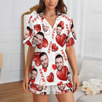 Custom Face Short Sleeve Pajama with Red Hearts Prints Valentine's Day Gift for Her - DiyGiftly