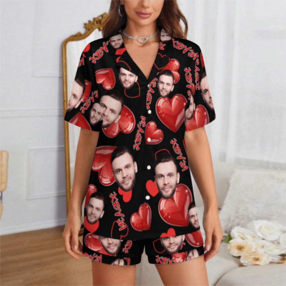 Custom Face Short Sleeve Pajama with Red Hearts Prints Valentine's Day Gift for Her - DiyGiftly