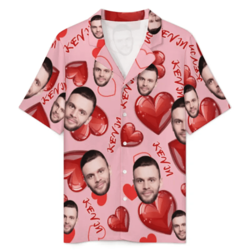 Custom Face Short Sleeve Pajama with Red Hearts Prints Valentine's Day Gift for Her - DiyGiftly