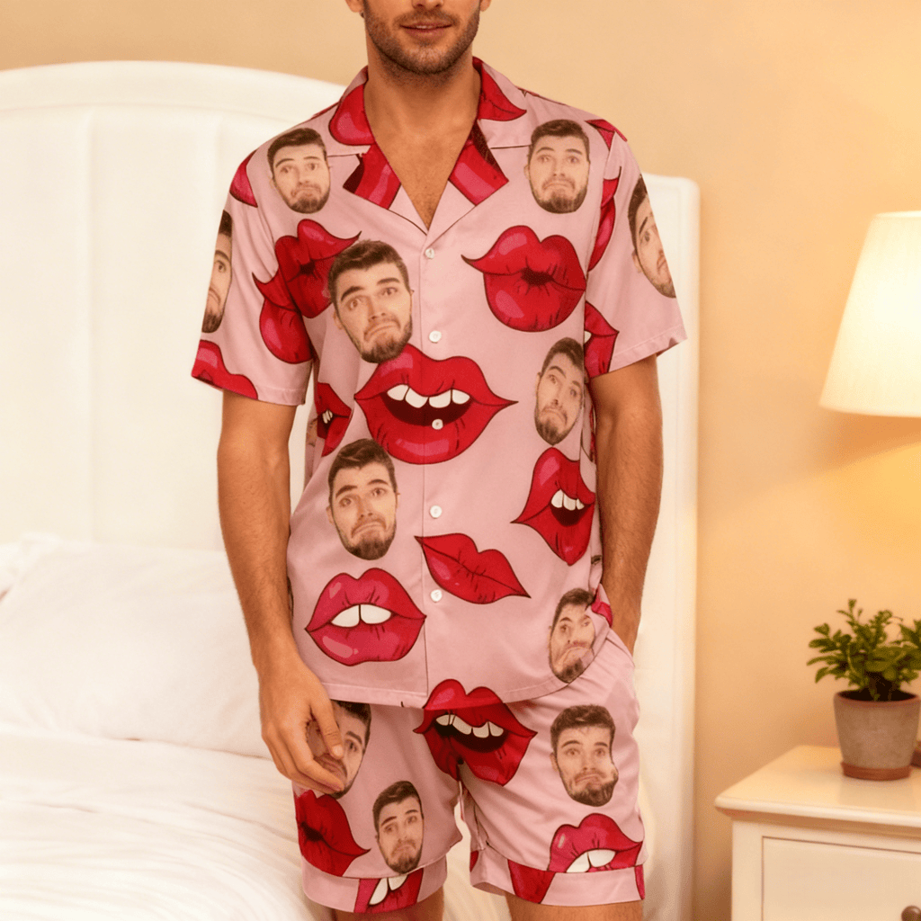 Custom Face Short Sleeve Pajama with Red Lips Prints Valentine's Day Gift for Her - DiyGiftly
