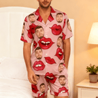 Custom Face Short Sleeve Pajama with Red Lips Prints Valentine's Day Gift for Her - DiyGiftly