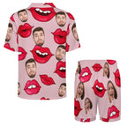 Custom Face Short Sleeve Pajama with Red Lips Prints Valentine's Day Gift for Her - DiyGiftly