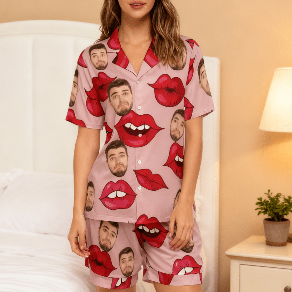 Custom Face Short Sleeve Pajama with Red Lips Prints Valentine's Day Gift for Her - DiyGiftly